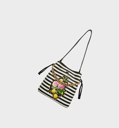 Black / White Women's Betsey Johnson Seeing Stripes Bucket Bag Shoulder Bags | QLMSPJR-61