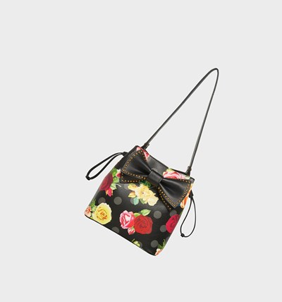 Black Women's Betsey Johnson Mirror Floral Bucket Bag With Bow Floral Shoulder Bags | HGEXTOL-75