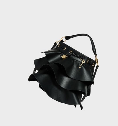 Black Women's Betsey Johnson Ruffle Up Bucket Bag Shoulder Bags | KRNEYSF-41