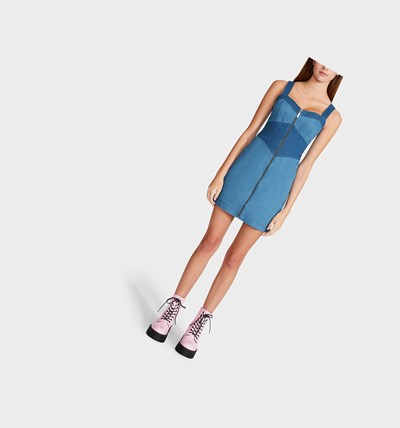 Blue Women's Betsey Johnson Patched Up Denim Mini Dress | RIHCUZW-49