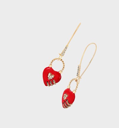 Red Women's Betsey Johnson Back To Cool Heart Padlock Hook Earrings | GYUKNLA-06