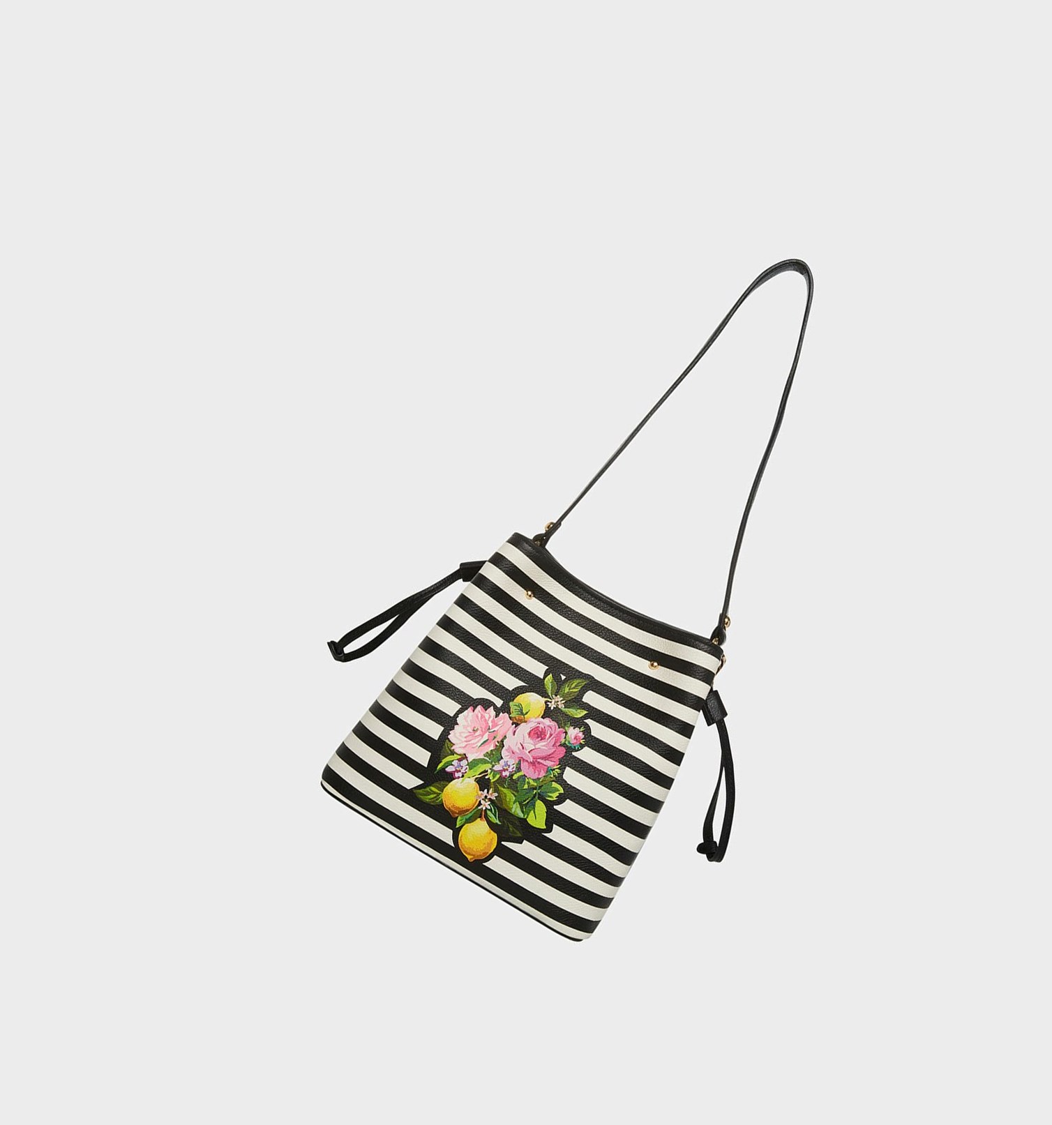 Black / White Women's Betsey Johnson Seeing Stripes Bucket Bag Shoulder Bags | LMYEZBG-70