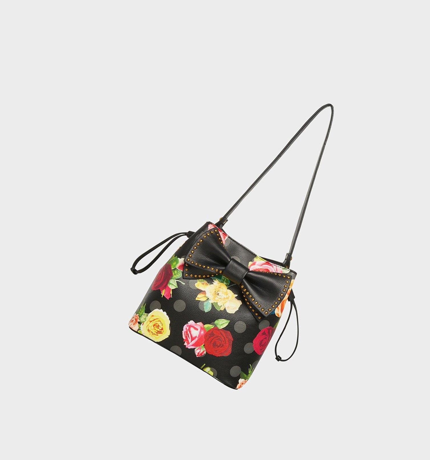 Black Women\'s Betsey Johnson Mirror Floral Bucket Bag With Bow Floral Shoulder Bags | HGEXTOL-75