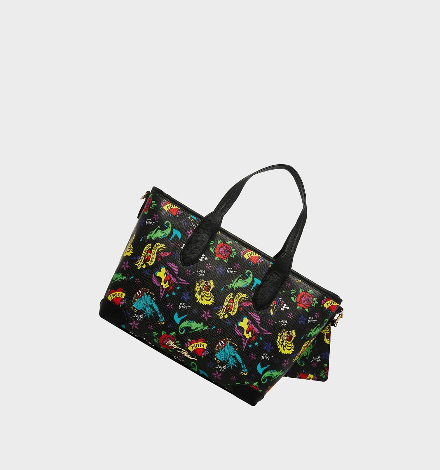 Black Women's Betsey Johnson Tattoo Print With Pouch Handbags | EJPZTHO-25