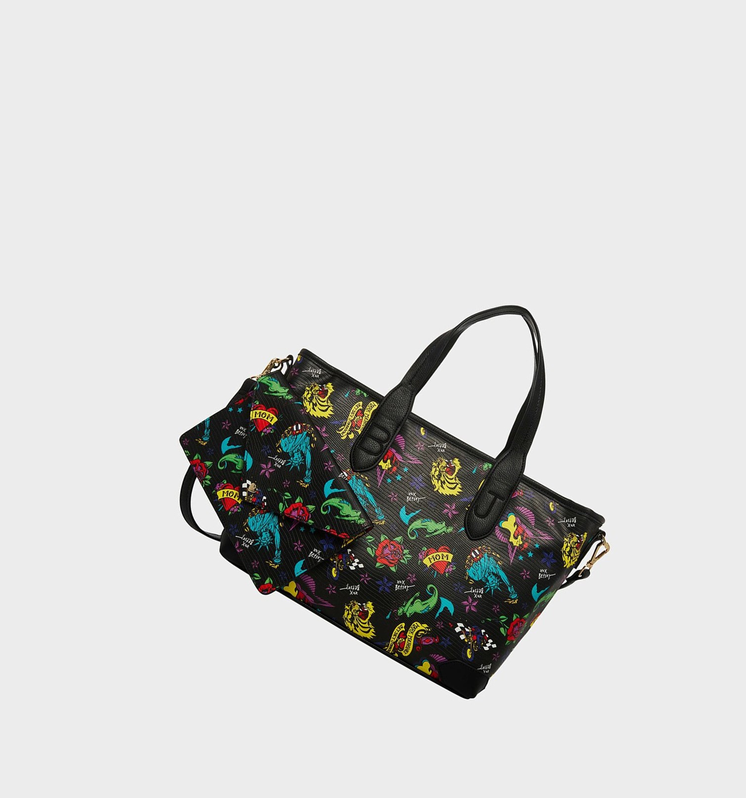 Black Women\'s Betsey Johnson Tattoo Print With Pouch Handbags | EJPZTHO-25