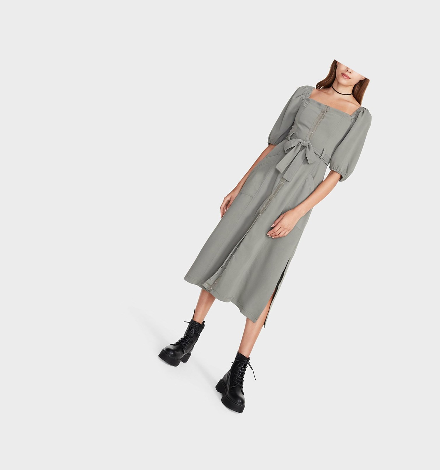 Grey / Olive Women's Betsey Johnson Snapped Up Midi Grey Sage Dress | QTALKXN-95