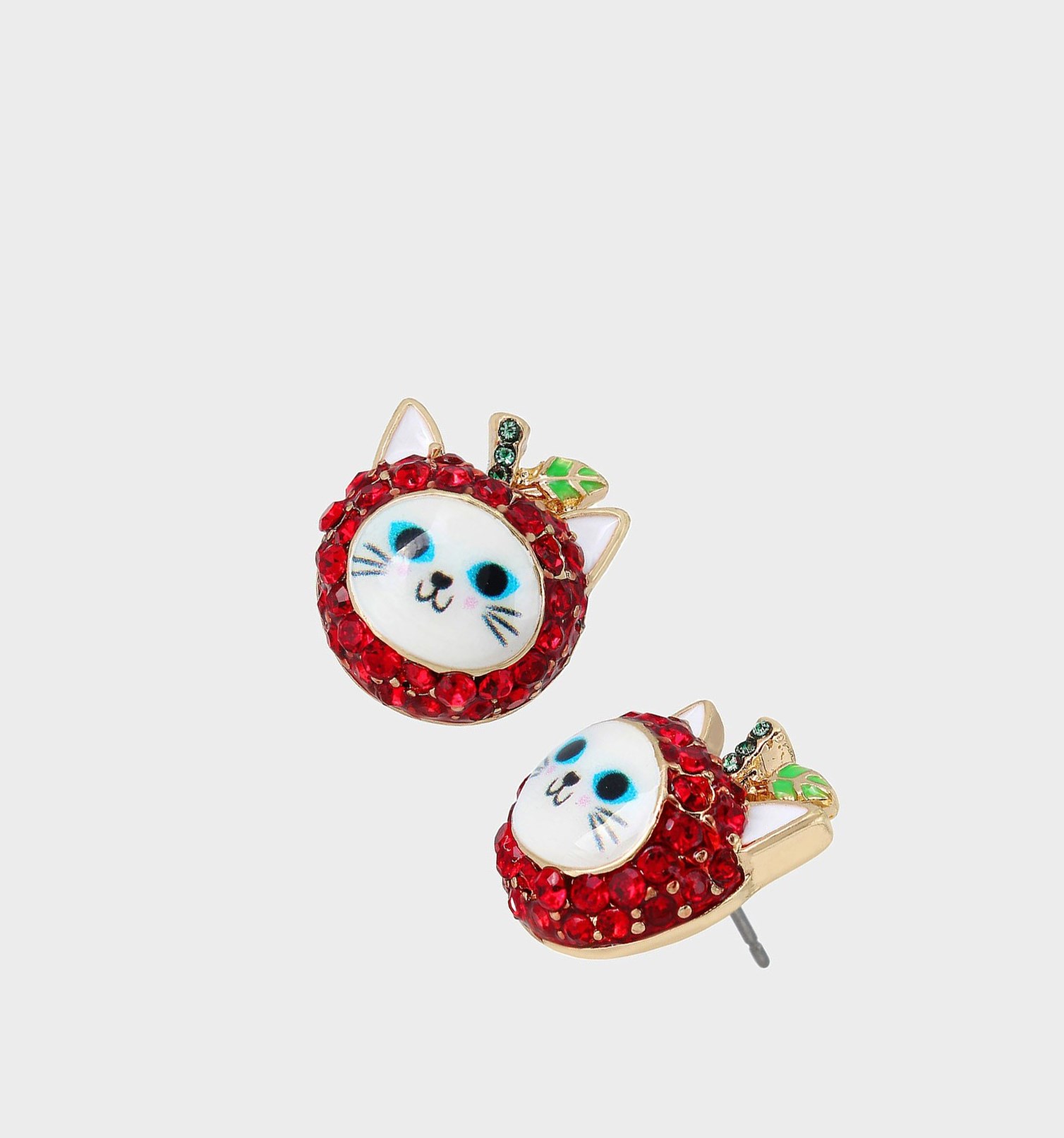 Red Women\'s Betsey Johnson Back To Cool Cat Apple Studs Earrings | IKYWFOZ-74